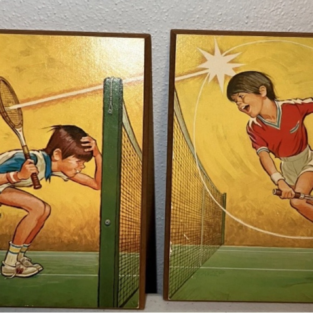 Vintage Pete Hawley Tennis Wall Art Set of 2‎ Art Wood Rare Midcentury